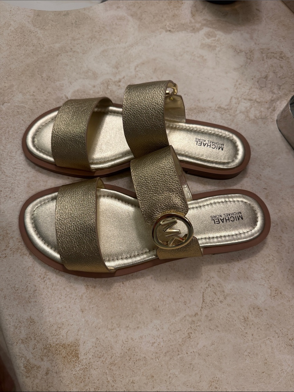 MICHAEL Michael Kors Gold Double-Band Logo Slide Sandals